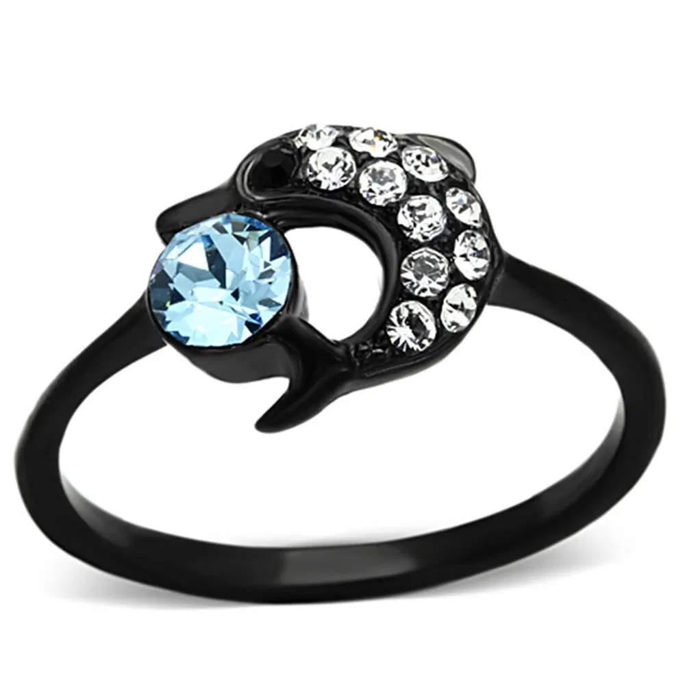 TK1302 - IP Black(Ion Plating) Stainless Steel Ring with Top Grade Crystal in Sea Blue - Grocery
