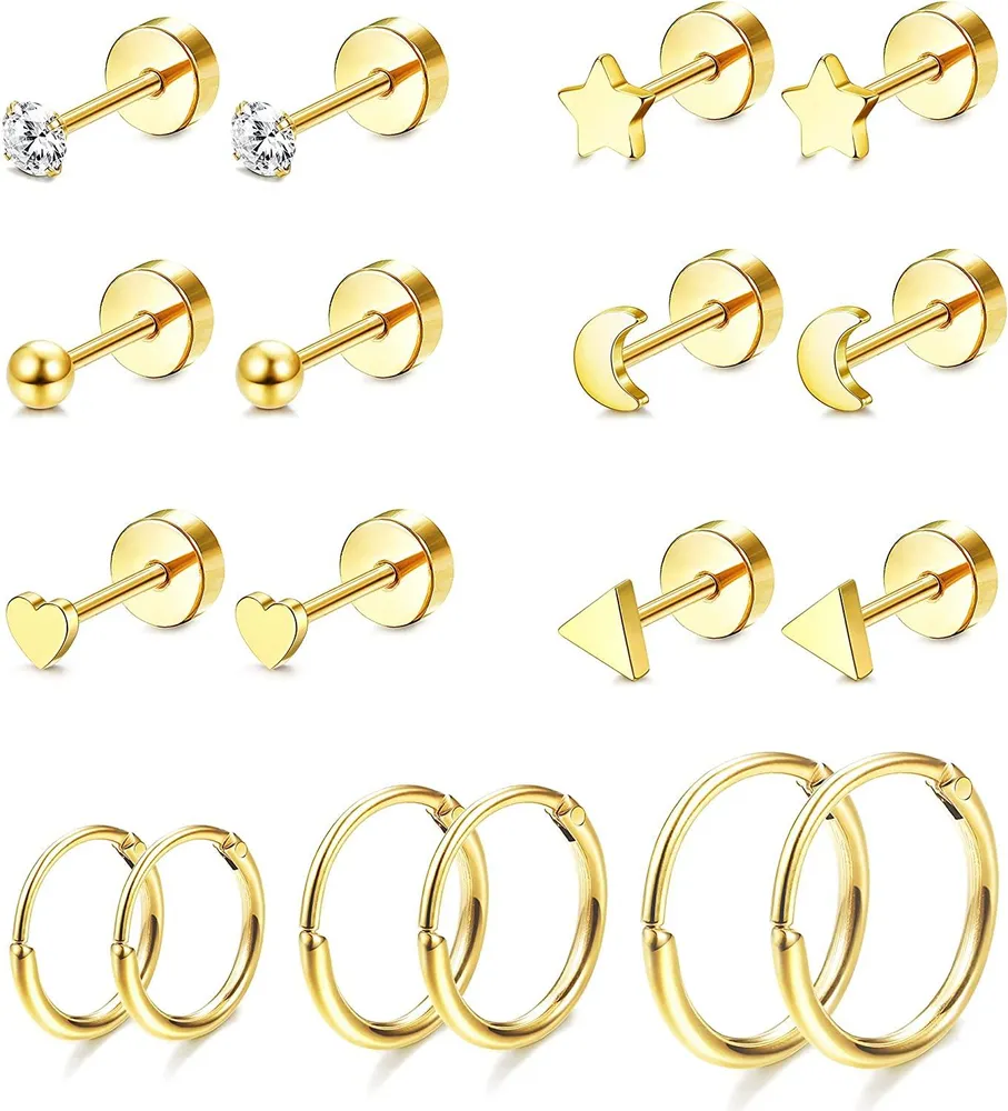 9 Pairs Tiny Cartilage Earrings Studs Hoops for Women Stainless CZ Balls Tragus Helix Endless Hoop Piercing Flatback Earring Set - Grocery