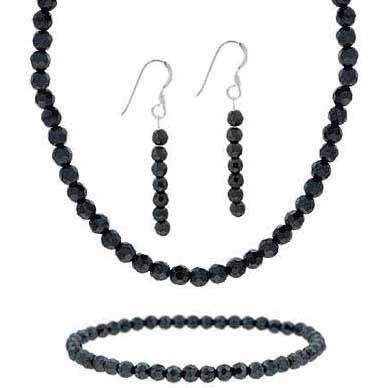 Sterling Silver 4mm Faceted Genuine Onyx Stone Bead Beaded Dangle Hook Earrings Stretch Bracelet Necklace 15-19