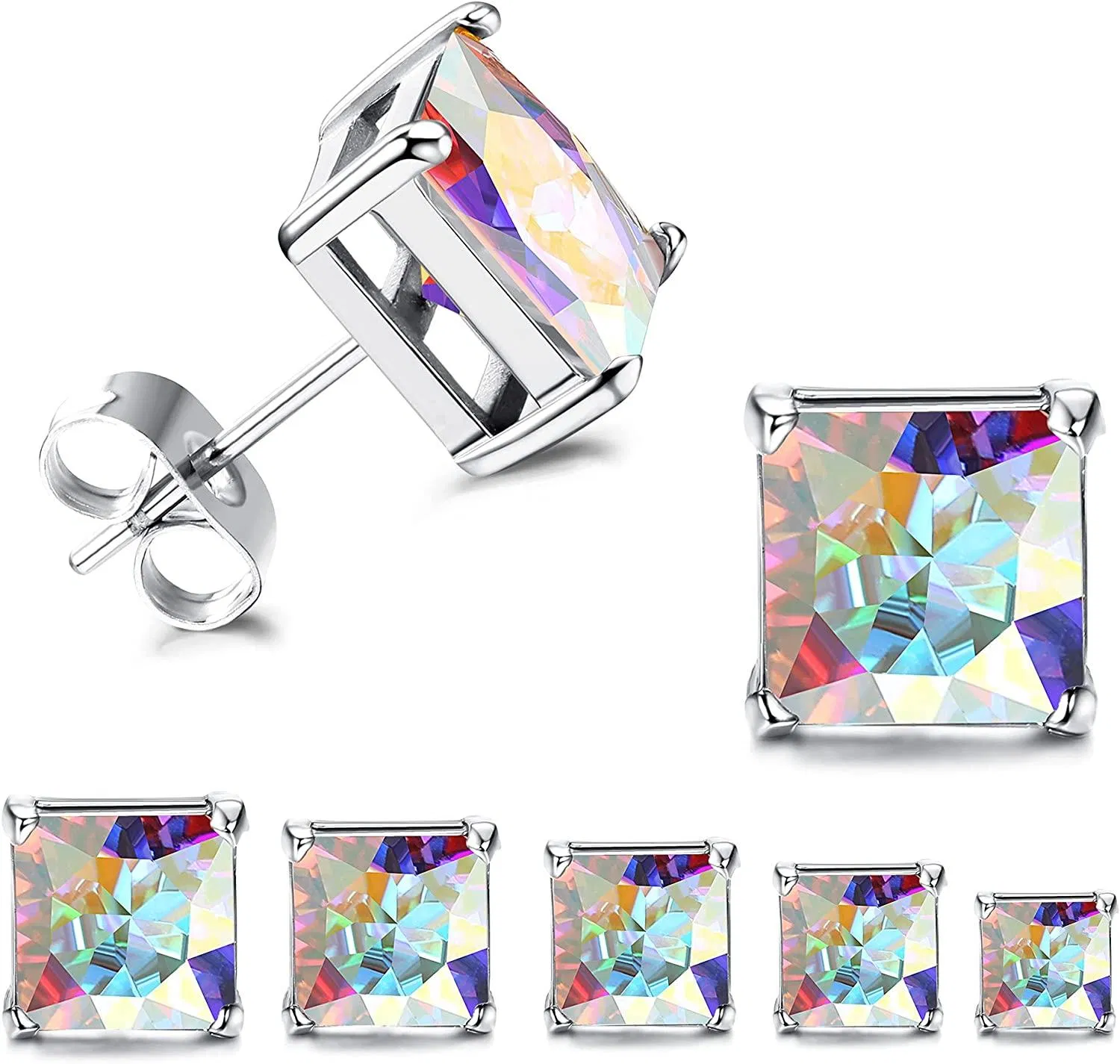 5 Pairs Square Stud Earrings For Men Women Princess Cut Cubic Zirconia Earring Studs Stainless Stud Earrings 3-7mm - Grocery