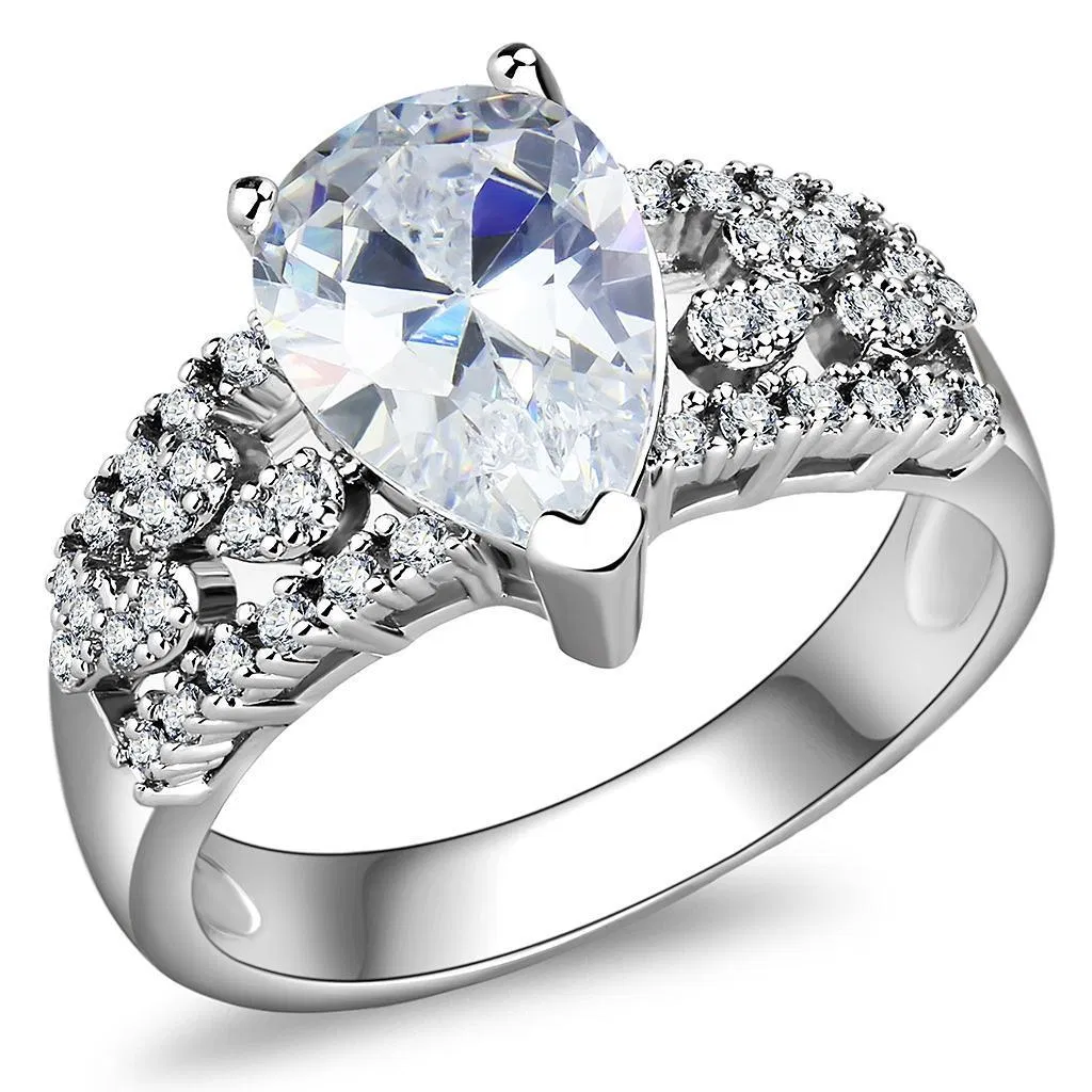 3W1444 - Rhodium Brass Ring with AAA Grade CZ in Clear - Grocery