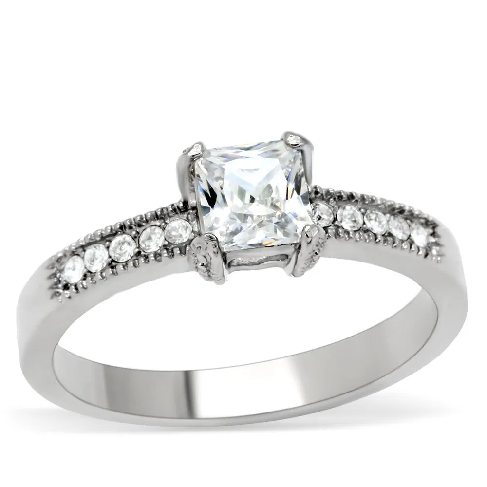 TK199 - High polished (no plating) Stainless Steel Ring with AAA Grade CZ in Clear - Grocery