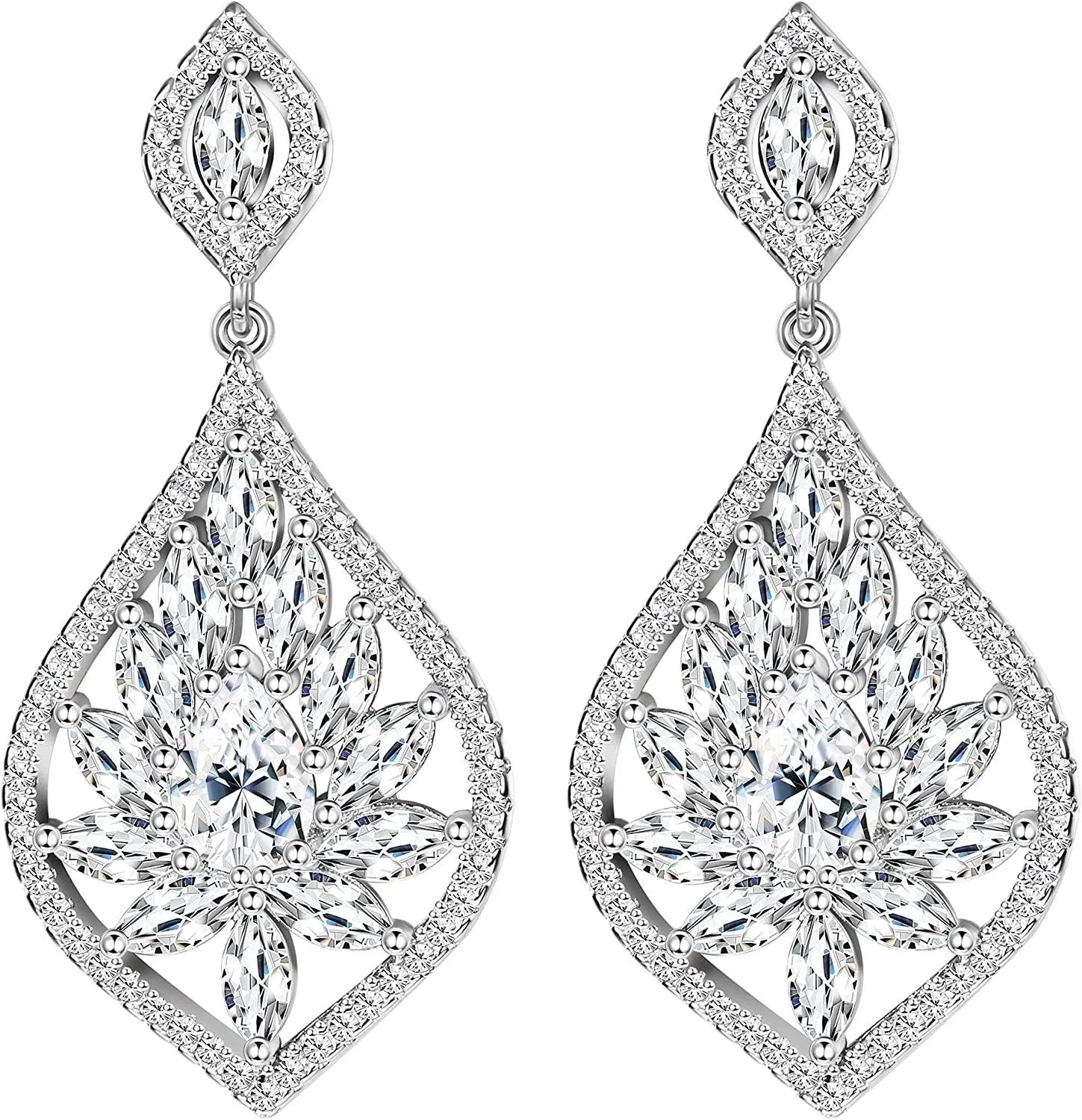 Cubic Zirconia Teardrop Bridal Earrings for Women Bridesmaid Rhinestone Art Deco Dangle Earrings Wedding Prom Anniversary - Grocery