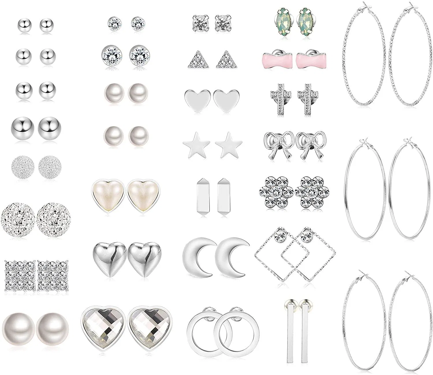 32 Pairs Assorted Multiple Stud Earrings for Women Simple Cute Big Hoop Earrings Set - Grocery