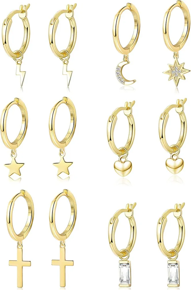 6 Pairs Hoop Dangle Earrings Set for Men Women Heart Crystal Star Moon Heart Asymmetrical Huggie Drop Dangle Earrings Stainless Earrings Fashion Jewerly - Grocery