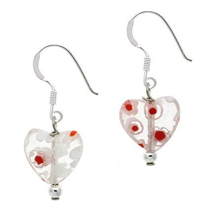 Sterling Silver White Millefiori Murano Glass Heart Dangle Earrings - Grocery