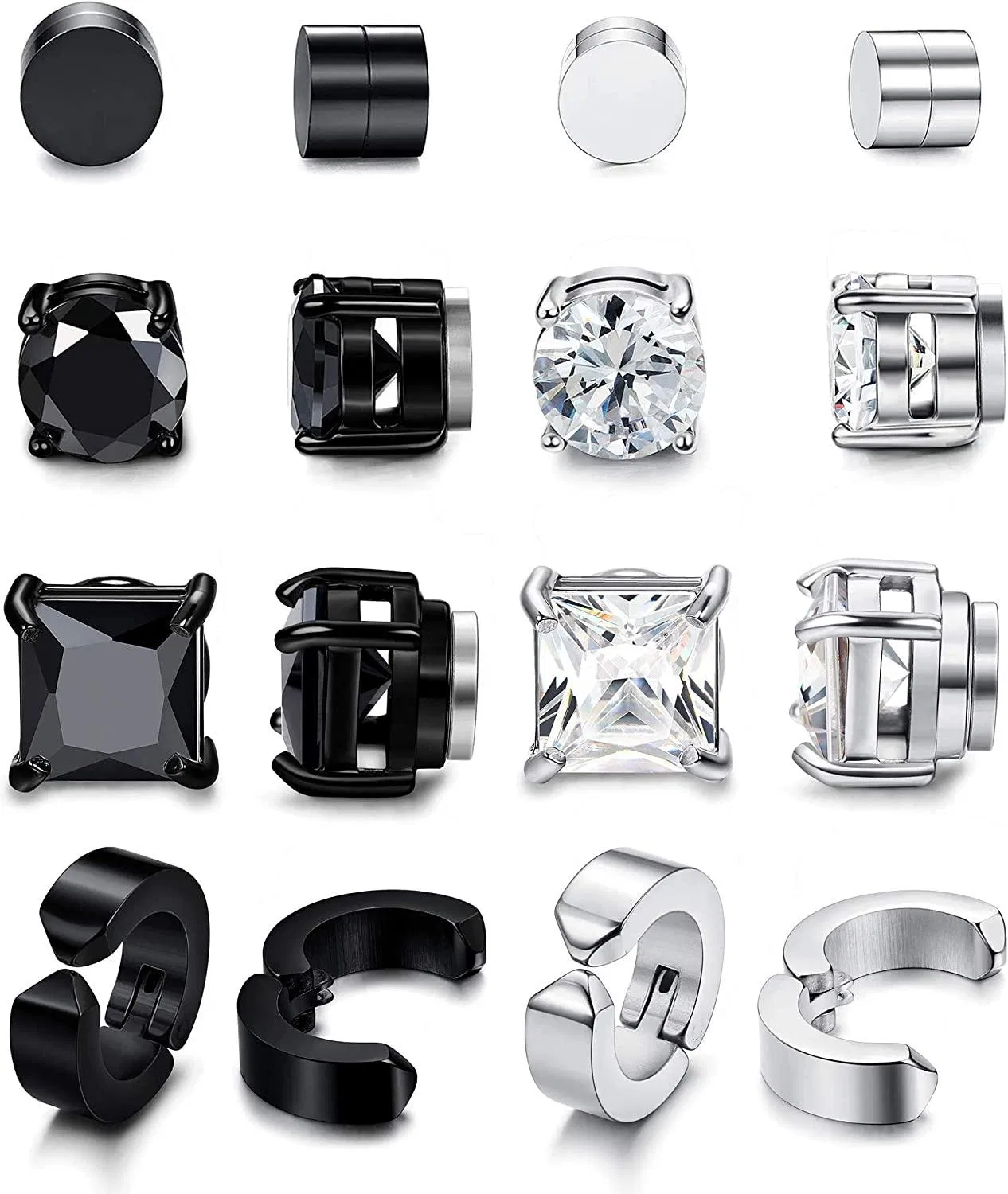 8 Pairs Stainless Magnetic Stud Earring for Men Women Black CZ Magnet Non Pierced Clip On Hypoallergenic Earrings Set - Grocery