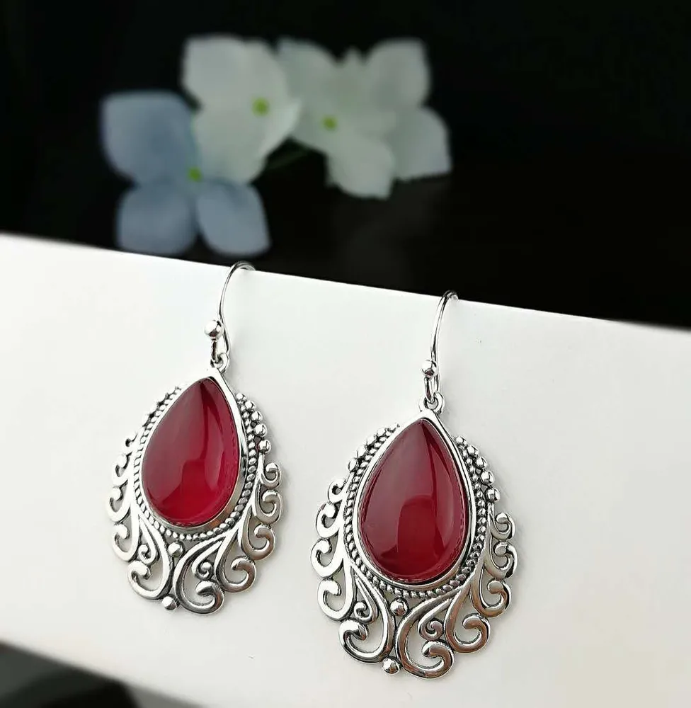 S925 Silver Jewelry Retro Water Drop Red Corundum Earrings Hollow Pattern Earrings Ear Hooks - Grocery