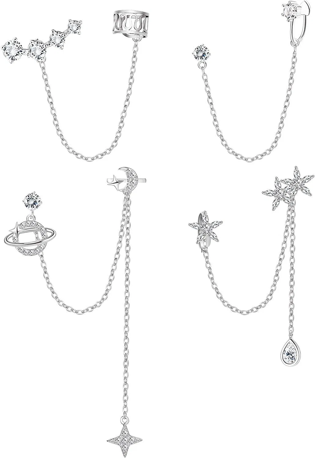 4PCS Cuff Earrings Chain for Women CZ Tassel Ear Cuff Crawler Long Chain Earrings Moon Star Planet Dangling Chain Earrings - Grocery