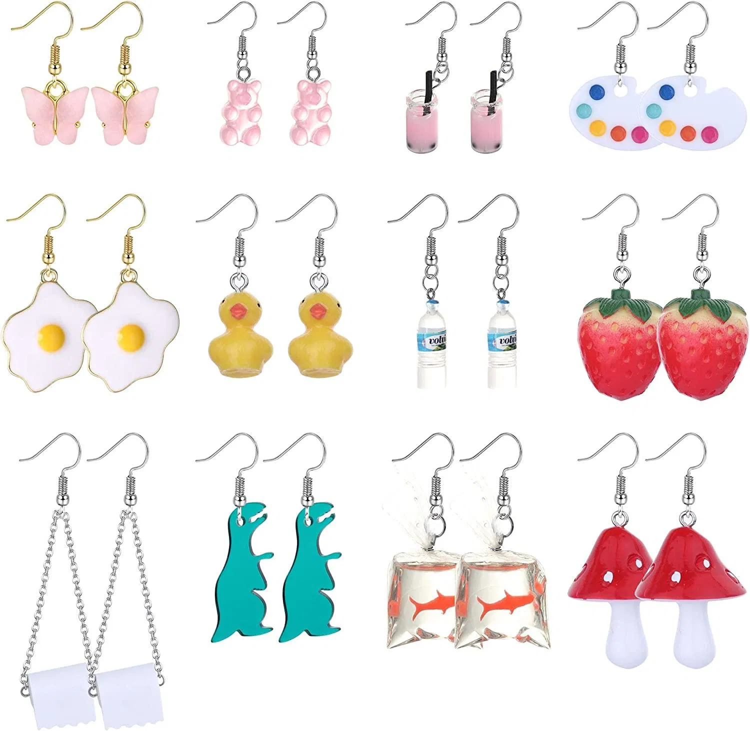 12Pairs Cute Funny Cool Weird Earrings Toilet Paper; Water Bottle; Abstract Kawaii Earrings Hand Statement Earrings for Women - Grocery