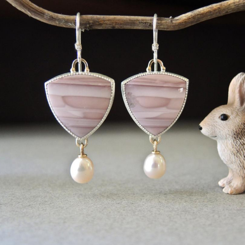 Pink Jasper Opal & Faux Pearl Drop Dangle Earrings 925 Silver Plated Ear Jewelry For Women - Grocery