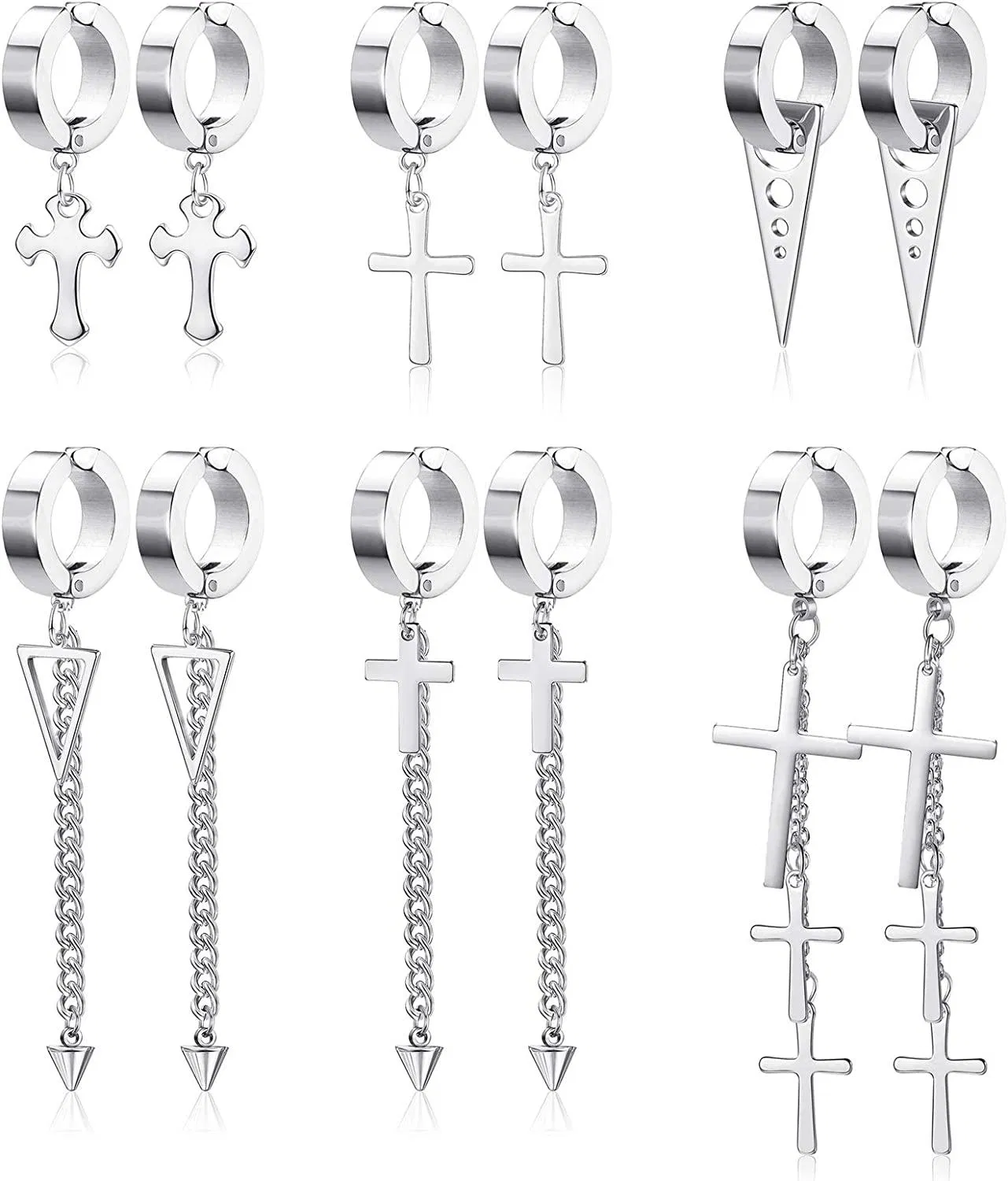 6 Pairs Stainless Steel Clip On Huggie Dangle Earrings for Men Women Long Chain Cross Pendant Non Piercing Earrings - Grocery