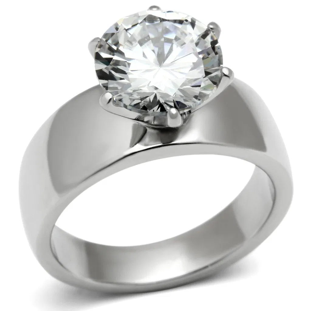 TK520 - High polished (no plating) Stainless Steel Ring with AAA Grade CZ in Clear - Grocery