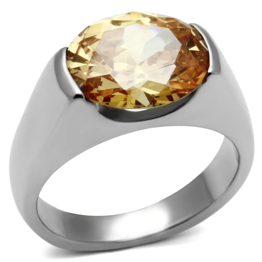 TK622 - High polished (no plating) Stainless Steel Ring with AAA Grade CZ in Champagne - Grocery
