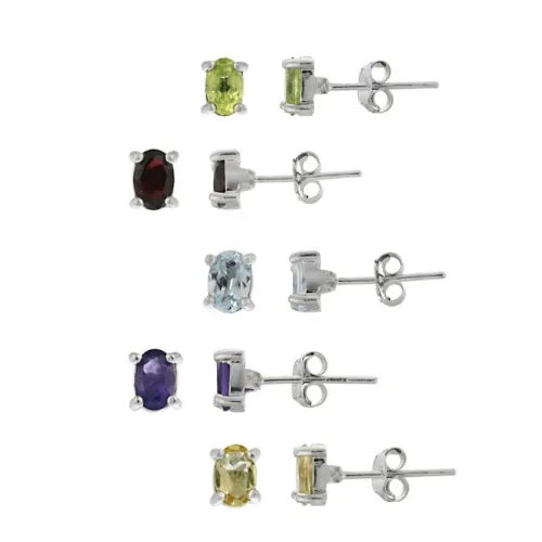 Sterling Silver Oval Amethyst, Citrine, Peridot, Garnet, and Blue Topaz Stud Earring Set - Grocery