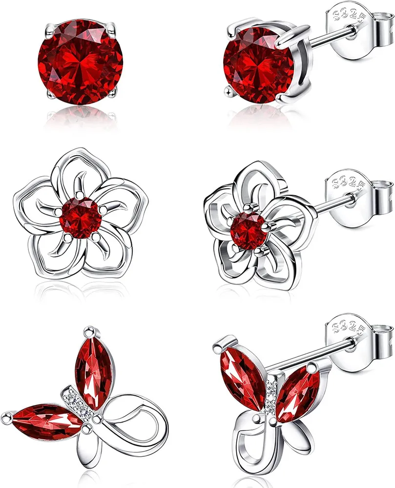3Pairs 925 Sterling Birthstone Earrings 12 Months for Women Hypoallergenic Butterfly Flower Stud Earrings for Birthday Gift - Grocery