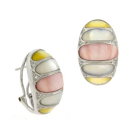 Art Deco Sterling Silver .925 Genuine White Mother of Pearl , Pink MOP & Yellow MOP Inlay, & Simulated Diamond cz Oval Omega Back Earrings - Grocery
