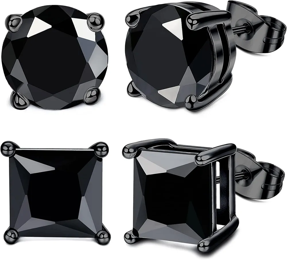 2 Pairs 20G Stainless Stud Earrings for Mens Womens Clear Cubic Zirconia Black CZ Stud Earrings Pierced Earrings 6/8mm - Grocery