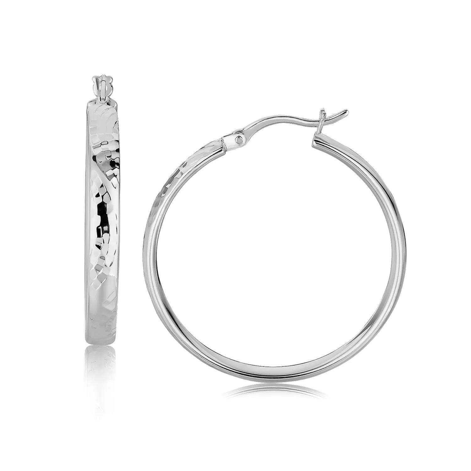 Sterling Silver Hammered Style Hoop Earrings with Rhodium Plating (4x30mm) - Grocery