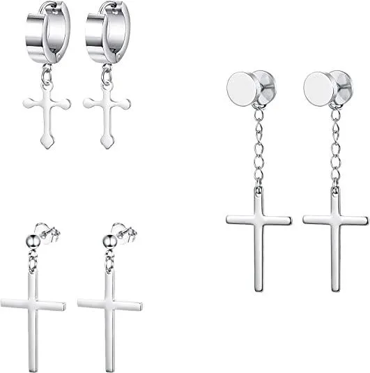 3 Pairs Stainless Cross Earrings for Men Women Huggie Hinged Hoop Dangle Earrings - Grocery