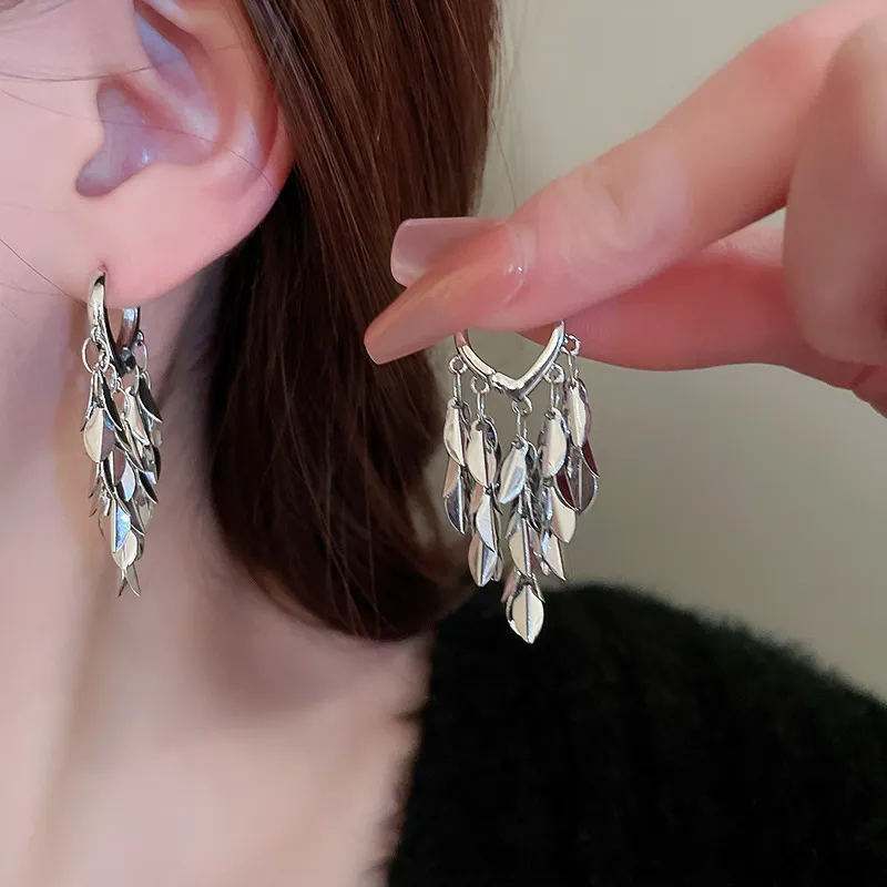 Leaves Long Tassel Drop Ear Hook Earrings Charm Copper Earrings Fashion Jewelry Gift - Grocery