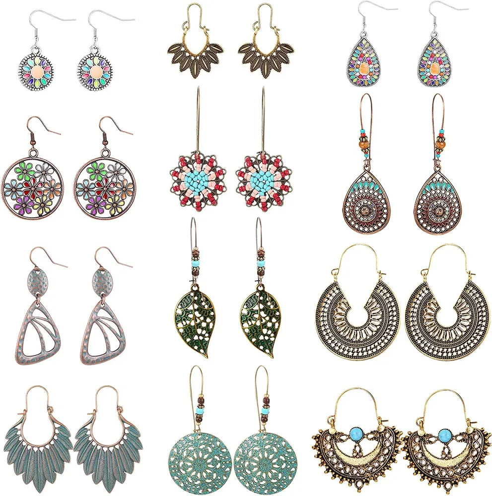 12Pairs Vintage Dangle Earrings Bohemian Earrings Set for Women Silver Drop Earrings Ethnic Style - Grocery
