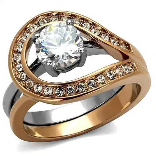 TK2479 - Two-Tone IP Rose Gold Stainless Steel Ring with AAA Grade CZ in Clear - Grocery