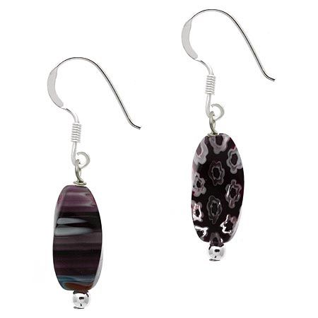 Sterling Silver Purple Millefiori Murano Glass Bead Dangle Earrings - Grocery