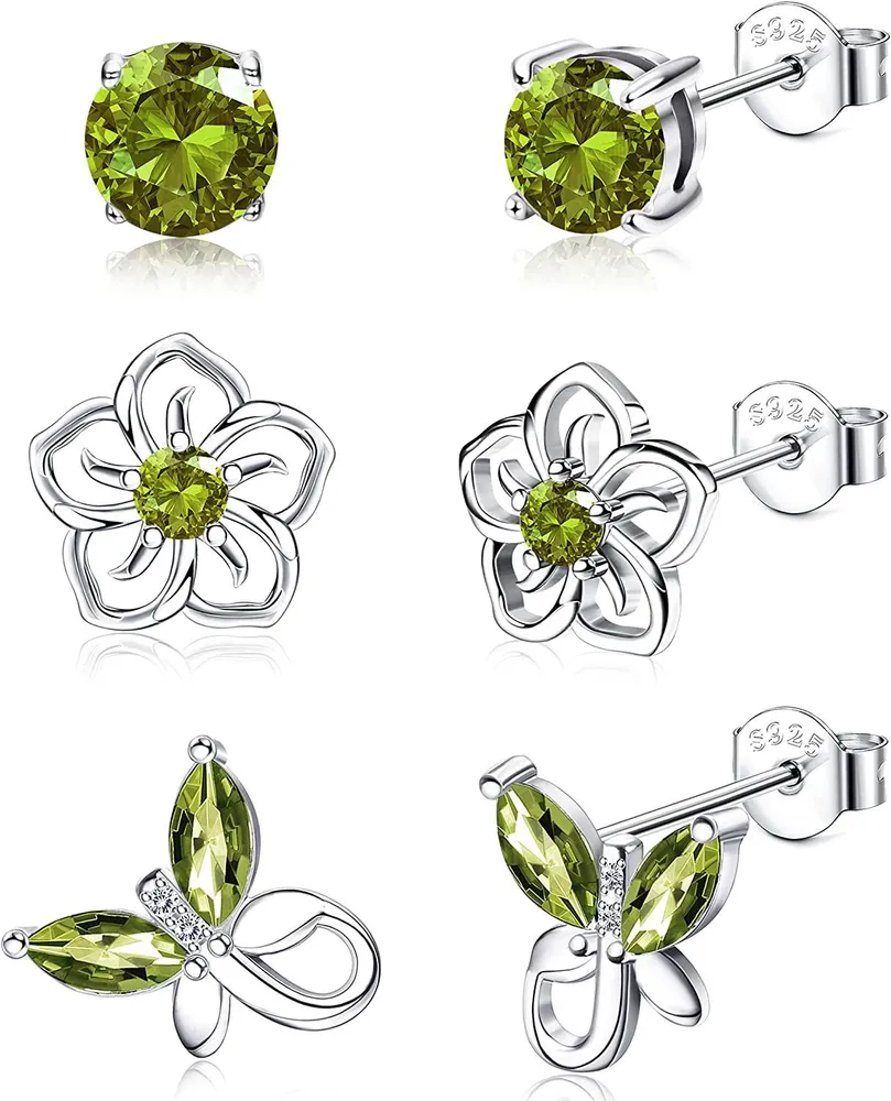 3Pairs 925 Sterling Silver Birthstone Earrings 12 Months for Women Hypoallergenic Butterfly Flower Stud Earrings for Birthday Jewelry Gift - Grocery