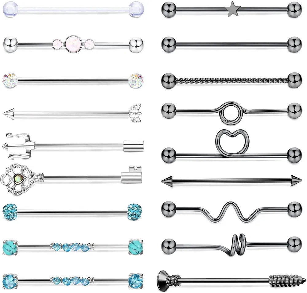 18PCS 14G Industrial Barbell Earring Cartilage Stainless Steel 38mm 1 1/2 inch Industrial Piercing Bar Body Piercing Jewelry for Women Men - Grocery