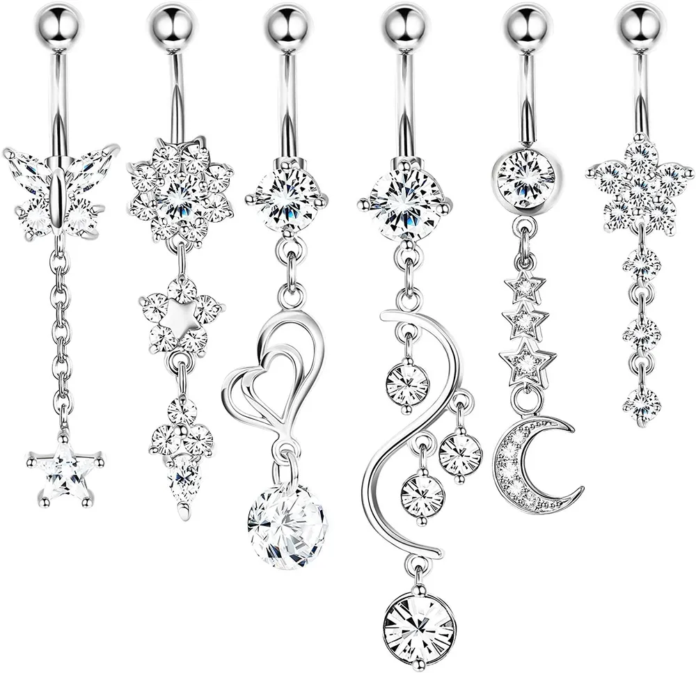 6pcs 14g Belly Button Rings Dangle; Navel Rings Barbell CZ Paved; Surgical Steel Body Piercing Jewelry for Women - Grocery
