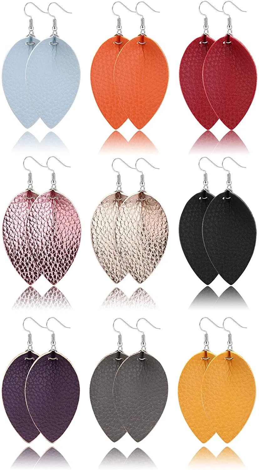 18 Pairs Valentine Day Leather Earrings for Women Leaf Dangle Earrings Lightweight Faux Leather Teardrop Earrings Set Valentine Day Gift - Grocery