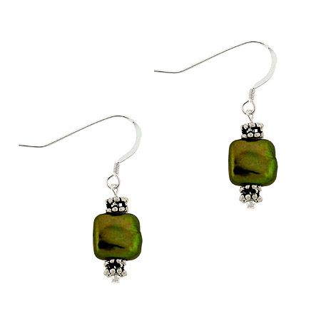 Sterling Silver Green Freshwater Cultured Square Coin Pearl & Bali Bead Earrings - Grocery
