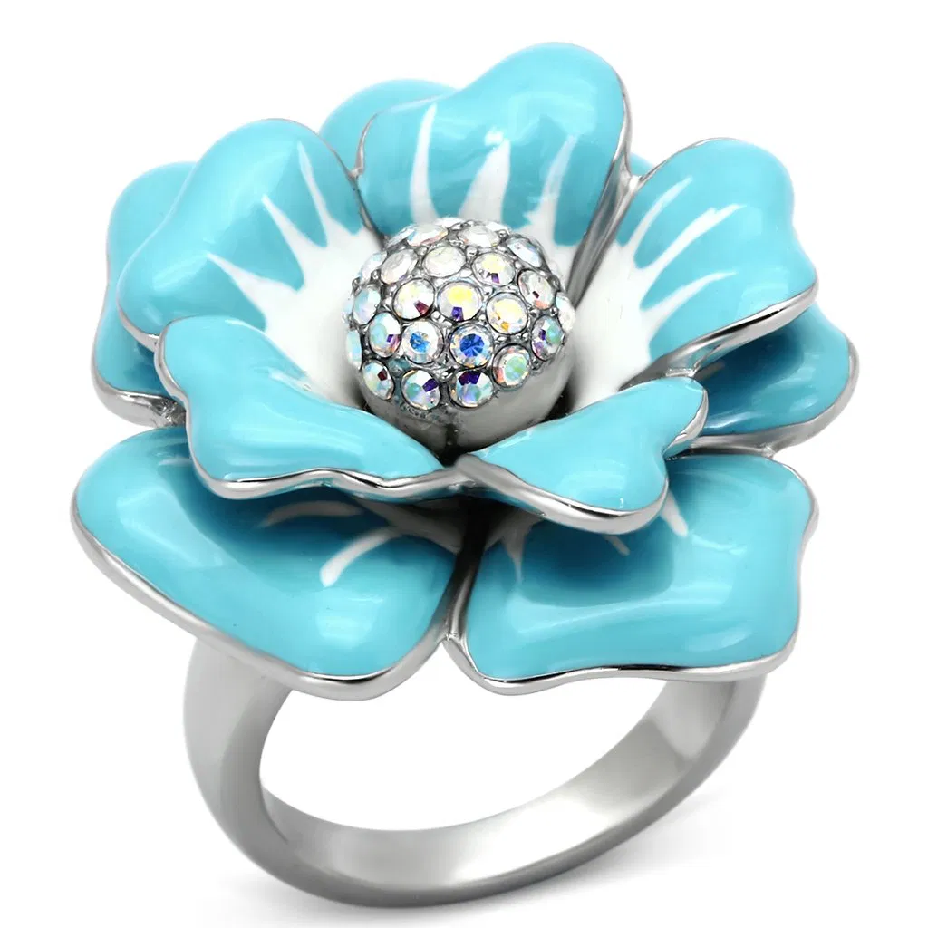 TK817 - High polished (no plating) Stainless Steel Ring with Top Grade Crystal in Aurora Borealis (Rainbow Effect) - Grocery