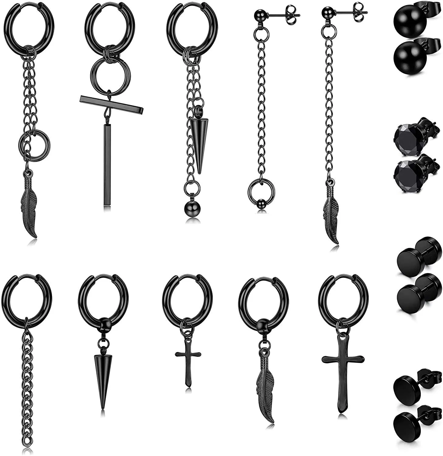 18 Pcs Dangle Earrings for Men Women Stainless Steel CZ Ball Stud Earrings Feather Long Chain Pendant Kpop Hoop Earrings Piercing Set; Black and Silver - Grocery