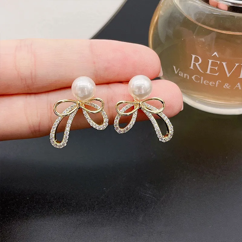 Fairy 925 Silver Needle Bow Flash Diamond Pearl Earrings Feminine - Grocery