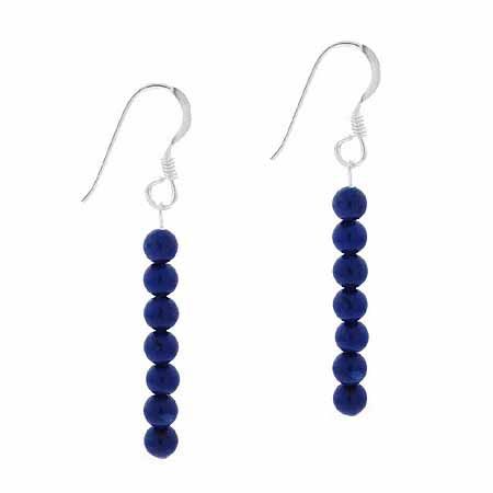 Sterling Silver 4mm Genuine Lapis Stone 6 Bead Beaded Dangle Hook Earrings - Grocery