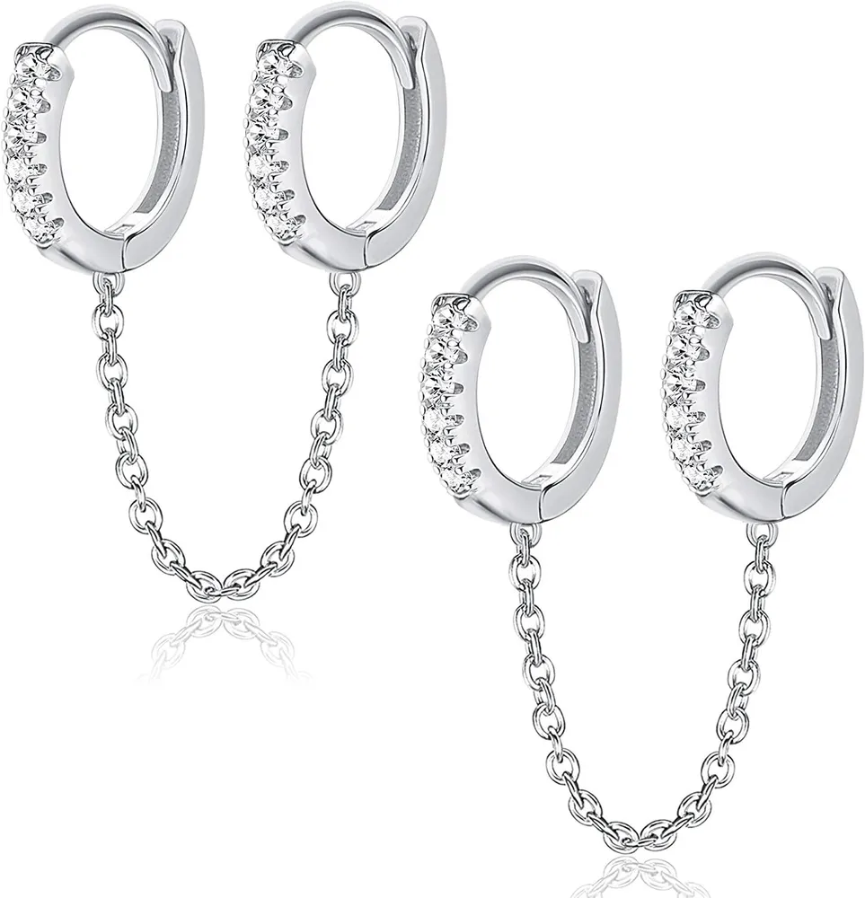 925 Sterling Chain Hoop Earrings Small Tassel Chain Drop Dangle CZ Earrings for Women Men Cuff Hoop Ear Jewelry - Grocery