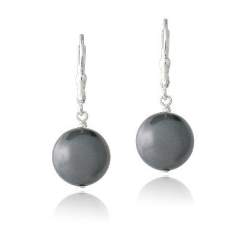 Sterling Silver Dark Grey Swarovski Pearl Dangle Leverback Earrings, 12mm - Grocery