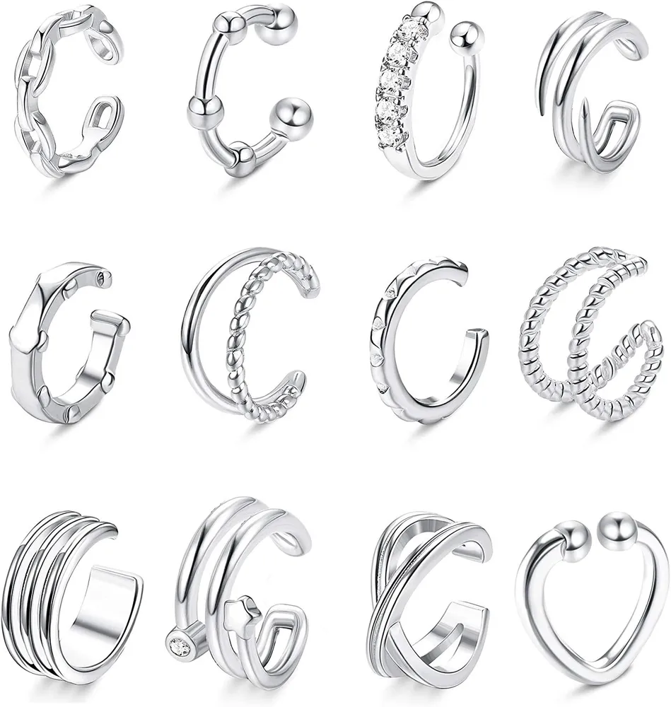 12 PCS Ear Cuff Earrings Non-Piercing Fake Ear Clip Sparkling CZ Ear Helix Cuffs Earrings for Women - Grocery