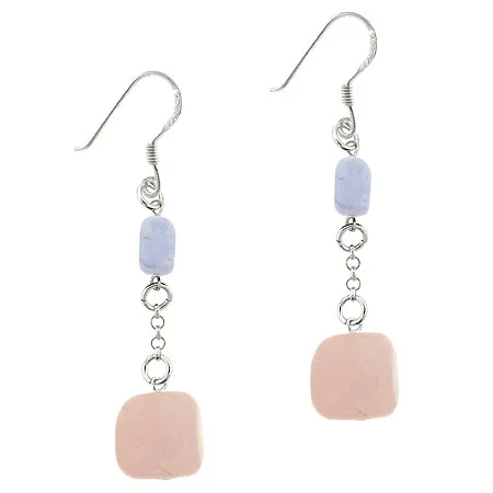 Sterling Silver Rose Quartz & Lace Agate Nugget Dangle Earrings - Grocery