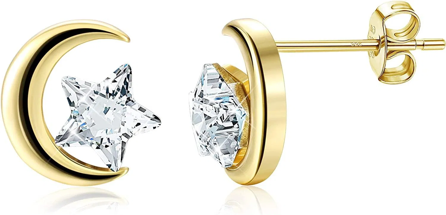925 Sterling Silver Moon and Star Earring Stud for Women Made with Austrian Crystal Cute Fashion Tiny Gift - Grocery