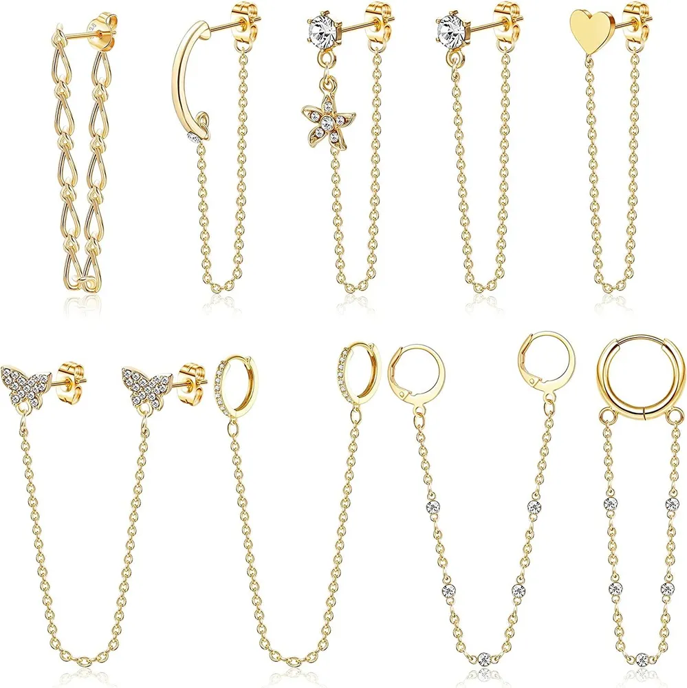 9 Pcs Chain Stud Earrings Set for Women Double Holes Hoop Dangle Earring With Chain Minimalist Cuff Cartilage Earring - Grocery