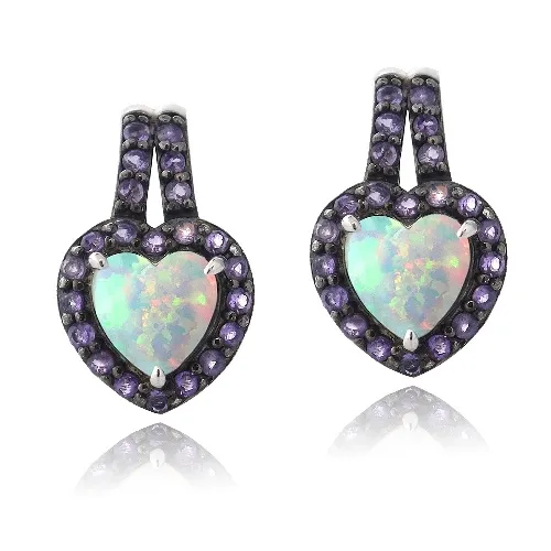 Sterling Silver Created White Opal & Amethyst Heart Drop Earrings - Grocery