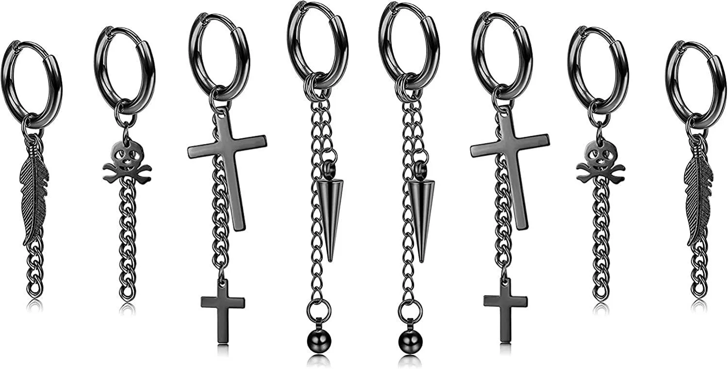 4 Pairs Stainless Steel Black Tone Hoop Dangle Earrings for Men Women Hinged Piercing Earring Cool Punk Kpop Chain Earrings Unisex - Grocery