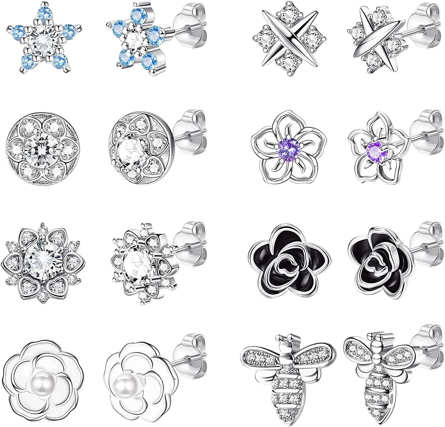 8 Pairs Rose Flower Stud Earrings for WomenDainty CZ Pearl Moon Star Bee Ear Studs Stainless Stud Earrings Set Hypoallergenic - Grocery