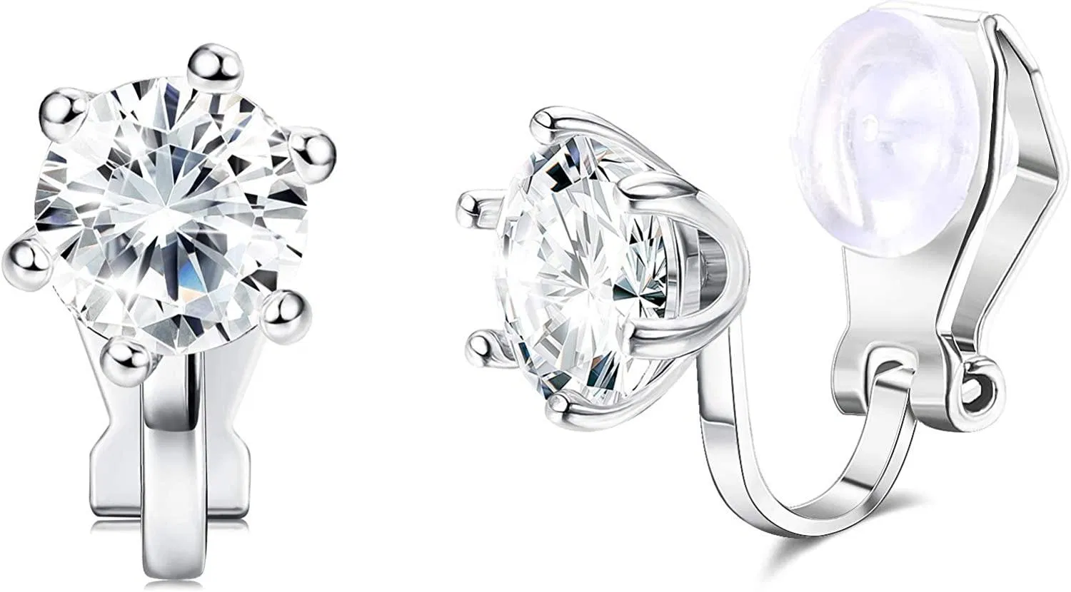 925 Sterling Silver 8mm Ear Clip Austria Crystals Clip-On Stud Earrings 6 Prong Round Cut Clip-ons Earrings Non Pierced Earrings for Women - Grocery