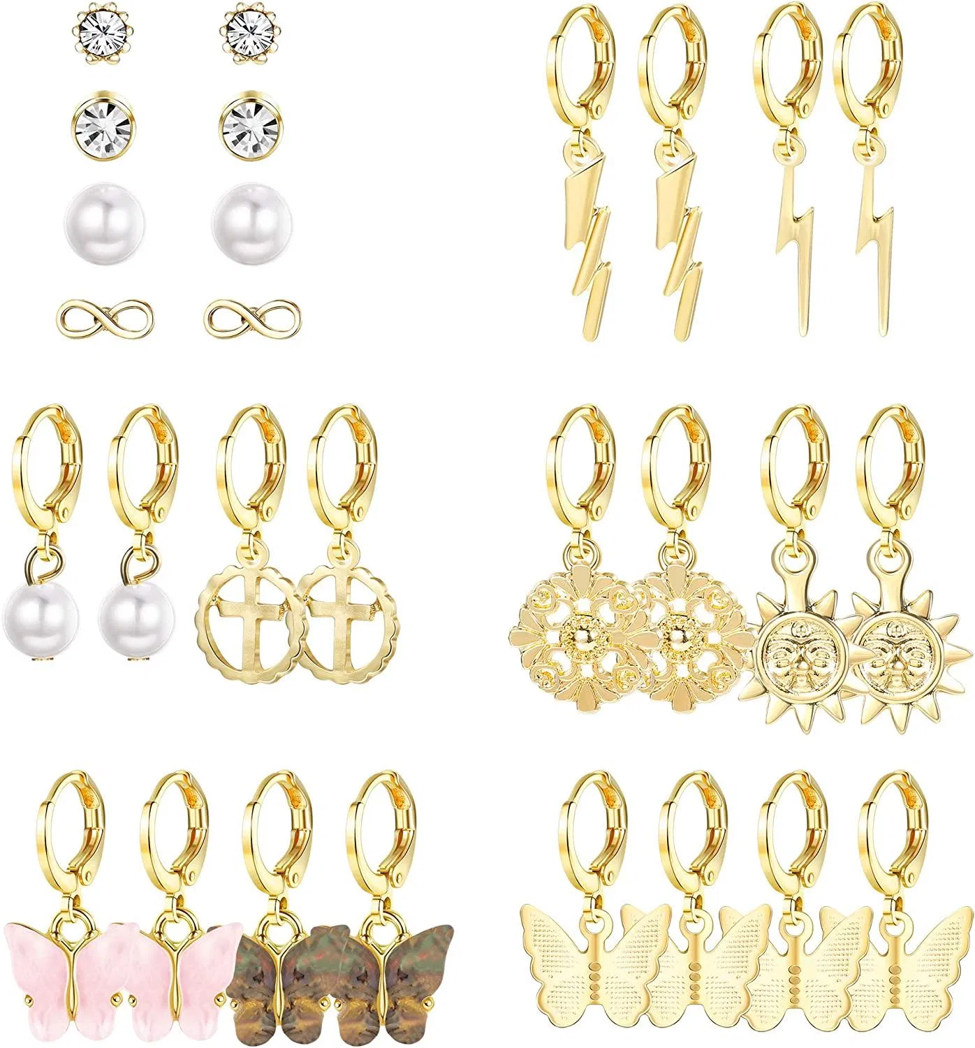 14 Pairs Butterfly Hoop Earrings for Women Flower Enamel Gold Sun Hoop Earrings Set Cute Ear Jewelry - Grocery