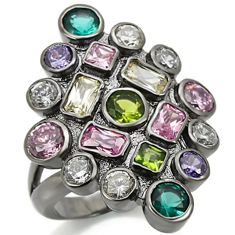 0W297 - Ruthenium Brass Ring with AAA Grade CZ in Multi Color - Grocery