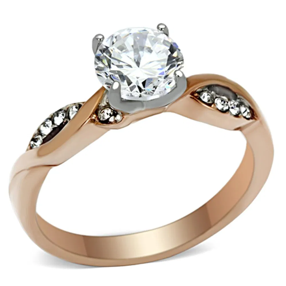 TK1163 - Two-Tone IP Rose Gold Stainless Steel Ring with AAA Grade CZ in Clear - Grocery